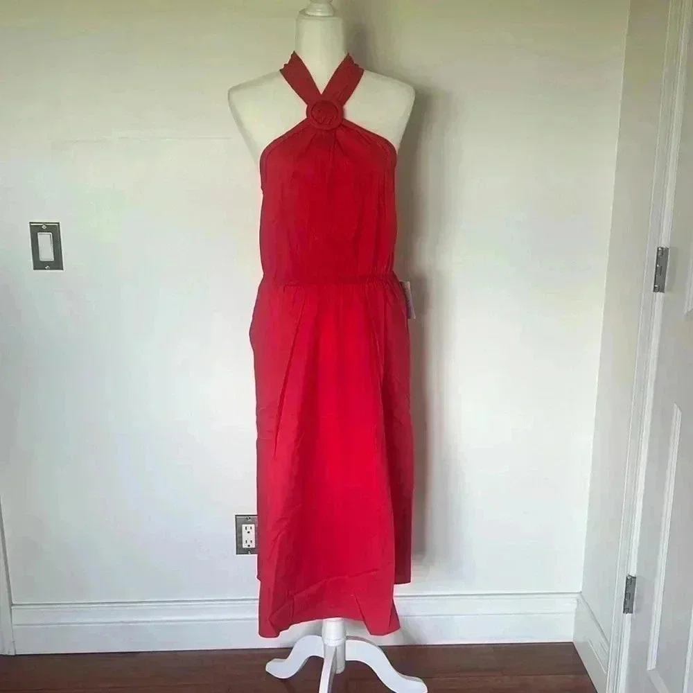NWT Maggy London Halter Neck O-Ring Poplin Midi Dress-Tomato Puree Size 14 - Picture 2 of 9